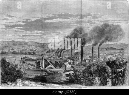 Gravure de l'édition 1862 de 'L'illustration', représentant une scène d'usine à Saint-Chamond, France, réalisée par Gaudet et Comp. L'image reflète la croissance industrielle au milieu du XIXe siècle en France. Banque D'Images