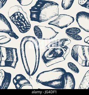 Produits de viande transformés - vecteur monochromatique hand drawn seamless pattern. Bouilli, réaliste, fumé saucisse d'été, Bologne, headcheese, jambon, bacon, Gammon, Illustration de Vecteur