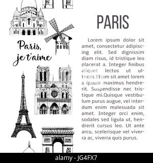 Ensemble de symboles de Paris. La tour Eiffel, Notre Dame, Moulin Rouge etc. croquis vecteur illustration modèle homogène. France. architecture. w bande verticale Illustration de Vecteur