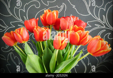 Bouquet de tulipes rouges sur fond noir Banque D'Images