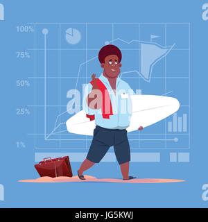 African American Man Hold Surf Board attendre pour des vacances en bord de mer Ocean Holiday Concept Illustration de Vecteur