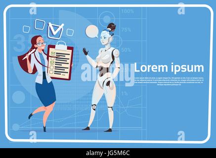 Robot moderne communiquant avec femme femme d'affaires La technologie d'Intelligence Artificielle concept futuriste Illustration de Vecteur