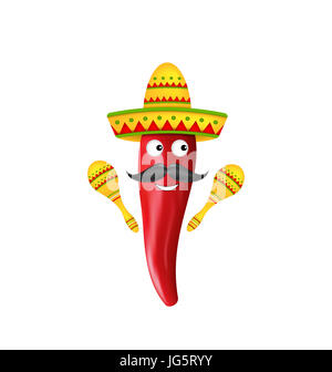 Illustration des symboles mexicains, piment rouge, Sombrero Chapeau, encore de Maracas, moustache. Caractère abstrait. Les objets colorés isolé sur zone blanche Banque D'Images