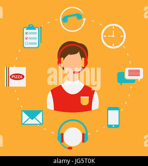 Illustration commander une pizza en ligne, Centre d'appels, livraison à domicile. Télévision - Icônes de style Banque D'Images