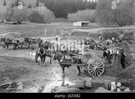 Christchurch, Nouvelle-Zélande - 1890 : Smart, fosse de bardeaux avec les travailleurs, chevaux de trait et Drays à Sydenham, Christchurch. Banque D'Images