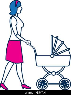 Walking mother with baby carriage isolated on white Illustration de Vecteur