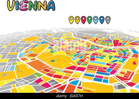 Vienne, Autriche, le centre-ville de vecteur 3D Plan de célèbres rues. Avant-plan lumineux plein de couleurs. Les rues, les cours d'eau et blanc fond gris areal. White Illustration de Vecteur