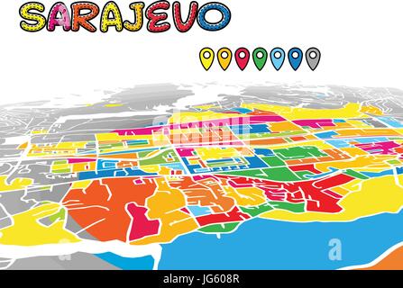 Le centre-ville de Sarajevo La carte 3D de vecteur de célèbres rues. Avant-plan lumineux plein de couleurs. Les rues, les cours d'eau et blanc fond gris areal. Horizon blanc Illustration de Vecteur