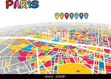 Paris, France, centre-ville 3D de vecteur Plan de célèbres rues. Avant-plan lumineux plein de couleurs. Les rues, les cours d'eau et blanc fond gris areal. H Blanc Illustration de Vecteur