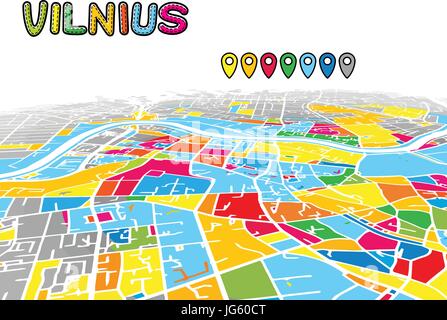 Vilnius, Lituanie, du centre-ville Carte 3D de vecteur de célèbres rues. Avant-plan lumineux plein de couleurs. Les rues, les cours d'eau et blanc fond gris areal. Wh Illustration de Vecteur