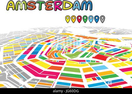 Amsterdam, Pays-Bas, le centre-ville de vecteur 3D Plan de célèbres rues. Avant-plan lumineux plein de couleurs. Les rues, les cours d'eau et blanc fond gris areal Illustration de Vecteur