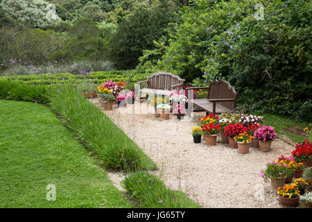 Deux bancs dans le jardin en été, Jardin design, Brésil Banque D'Images