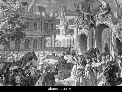 Amélioré : numérique, la réception du roi de Prusse en Homburg, William J, Wilhelm I, William Frederick Louis, Allemand : Wilhelm Friedrich Ludwig, 1797 - 1888, de la maison de Hohenzollern a été le roi de Prusse entre1861 et 1888, Bad Homburg vor der Hoehe, Hesse, Allemagne, illustration du 19ème siècle Banque D'Images