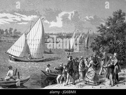 Amélioré : numérique, régate, course de bateau, bateaux à voile sur le lac de Wannsee à Berlin, Allemagne, illustration du 19ème siècle Banque D'Images