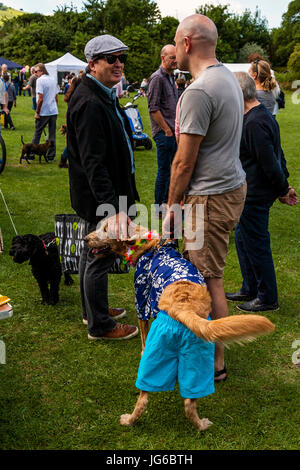 Les gens avec leurs animaux attendre pour prendre part à une robe de Dog Show à la Fête du village de Kingston, Kingston, East Sussex, UK Banque D'Images