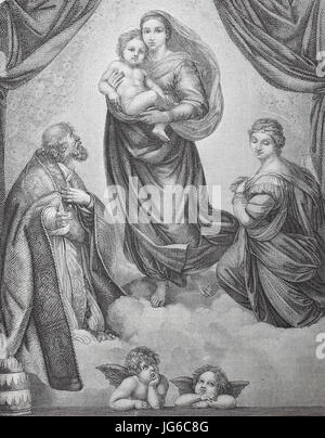 Amélioration numérique :, La Vierge Sixtine, aussi appelée la Madonna di San Sisto, est une peinture à l'huile par l'artiste italien Raphael Sanzio, illustration du 19ème siècle Banque D'Images