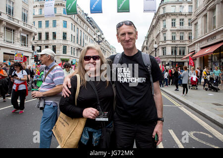 Londres, Royaume-Uni, le 1 juillet 2017 : La haine encore Tatcher. Une marche a eu lieu dans le centre de Londres pour protester contre l'austérité continue du gouvernement m Banque D'Images