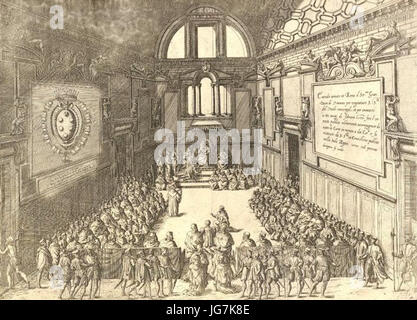 Le couronnement de Cosme Ier de Médicis, Grand-duc de Toscane dans la Sala Regia au Vatican3B Cosimo à genoux par le pape Pie V cardinaux et les différentes figures de regarder l'événement 28c. 157029 Banque D'Images