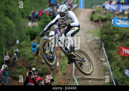 Fort William, Écosse. 4 juin, 2017. Mark Wallace, à la Coupe du Monde de VTT Descente. Banque D'Images