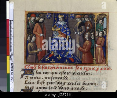 Ceci fait référence à une page manuscrite médiévale de *vigies de Charles VII*, représentant une audience avec le roi Charles VII de France, illustrant la cour royale et les événements historiques. Banque D'Images