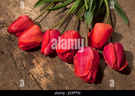 Bouquet de tulipes rouges sur fond de surface en bois vintage Banque D'Images