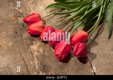 Bouquet de tulipes sur fond de surface en bois vintage Banque D'Images