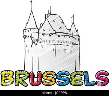 Bruxelles belle icône esquissé, dessiné à la main famaous monument, nom de ville lettrage, vector illustration Illustration de Vecteur