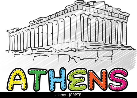 Athènes belle icône esquissé, dessiné à la main famaous monument, nom de ville lettrage, vector illustration Illustration de Vecteur