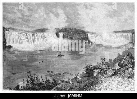 Grande vue d'ensemble sur les chutes Niagara, en Amérique du Nord, depuis la rive avant. Art de style gravure de tons gris antique par Huet, le Tour du monde, 1861 Banque D'Images