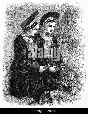 Deux dames vêtues de noir à Stavanger, en Norvège, priant tenant la sainte bible. Art de style gravure de tons gris antique par Huyot, le Tour du monde, Paris, 1861 Banque D'Images