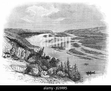 Grand paysage perdu à l'horizon de Prairie du chien, États-Unis. Rivière, rives et végétation. Art de style gravure de tons gris antique par Huet, 1861 Banque D'Images