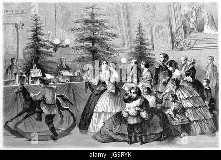 Famille russe élégante et riche à la recherche d'un cadeau de Noël dans une boutique prestigieuse. Art de style gravure de tons gris anciens par Lancelot, 1861 Banque D'Images