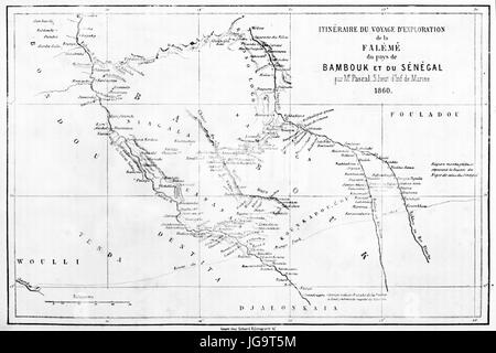 Ancienne carte du Sénégal itinéraire d'exploration par S. L. Pascal (vallée du fleuve Falémé, territoire de Bambouk). Art de style gravure par Erhard et Bonaparte 1861 Banque D'Images