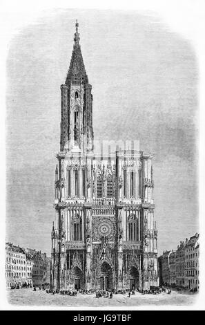 Cathédrale de Strasbourg façade gothique, France, se tenant debout vers le haut en vue verticale de face. Art de style gravure de tons gris antique par Therond, 1861 Banque D'Images