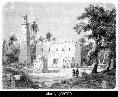 Tajura mosquée blanche dans le paysage africain avec des palmiers, Libye. Art de style gravure de tons gris antique par Hadamard, publié sur le Tour du monde, 1861 Banque D'Images