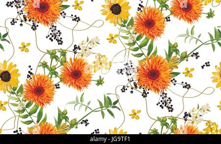 'Vector seamless pattern : bouquets de fleurs gerbera jaune orange daisy, fougère, plantes vertes de saison, berry branch. Automne Automne Été élégante et lumineuse Illustration de Vecteur