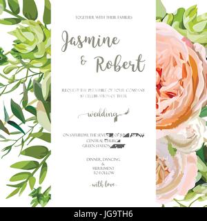 Invitation de mariage, floral inviter carte avec jardin rose rose, vert cactus succulentes, fleurs, plantes saisonnières mix. Modèle romantique. Vector annivers Illustration de Vecteur