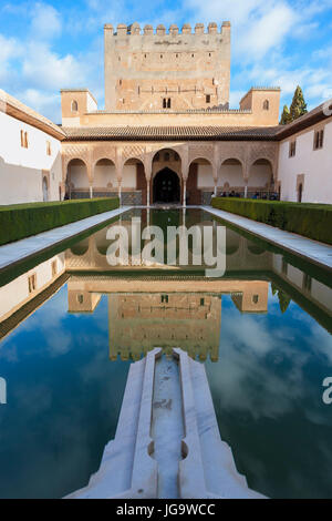 Patio de los Naranjos (la Cour des Myrtes), Palacios Nazaríes, La Alhambra, Granada, Andalousie, Espagne : avec la Torre de Comares au-delà Banque D'Images