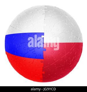 Puzzle ball une moitié est le drapeau russe l'autre moitié est la Pologne flag 3D'illusions Banque D'Images