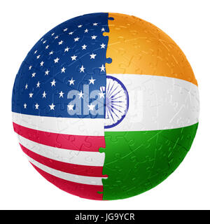 Puzzle ball une moitié est le drapeau USA l'autre moitié est l'Inde flag 3D'illusions Banque D'Images