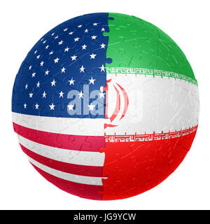 Puzzle ball une moitié est le drapeau USA l'autre moitié est l'Iran flag 3D'illusions Banque D'Images