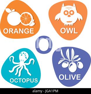 Alphabet mignon dans le vector. O lettre pour orange, Owl, de poulpes et d'olive. Illustration de Vecteur