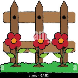 Clôture en bois avec pelouse et fleurs image icône outil jardinage Illustration de Vecteur