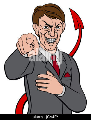 Caricature le mal à l'homme d'affaires en costume et cravate pointant son doigt dans un geste veut que vous avec Queue diable loin de donner sa nature Banque D'Images