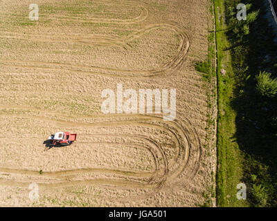 Vue aérienne, le tracteur et Seeder un champ en été Banque D'Images