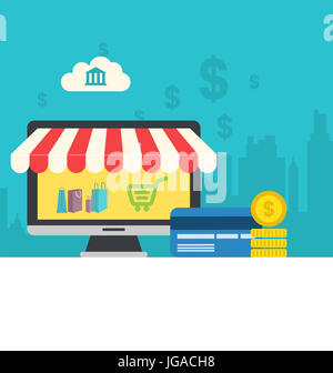 Illustration concept de boutique en ligne, télévision, ordinateur icônes de carte de crédit et de monnaie, cityscape - Banque D'Images