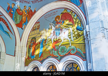 Tbilissi, Géorgie - juin 2, 2016 : le mur de l'Église orthodoxe géorgienne Kashveti Église de St George décoré avec l'icône de St George, tuer le dragon, Banque D'Images