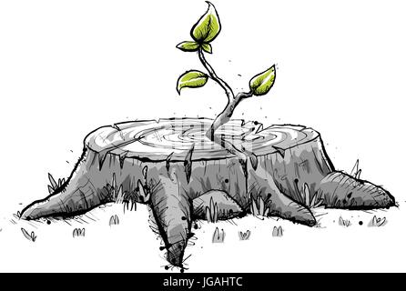 De plus en plus d'une caricature d'un arbrisseau de nouvelles feuilles fraîches à partir d'une vieille souche d'arbre. Illustration de Vecteur