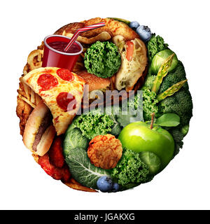 La nutrition et l'alimentation reste comme un choix entre une bonne alimentation naturelle verte et grignotines malsaines en forme de Ying et Yang symbole. Banque D'Images