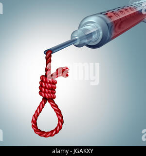 Danger de soins de santé et médicaux concept risque qu'un hôpital en forme de seringue sang dégoulinant comme un noeud coulant noeud comme médecine. Banque D'Images